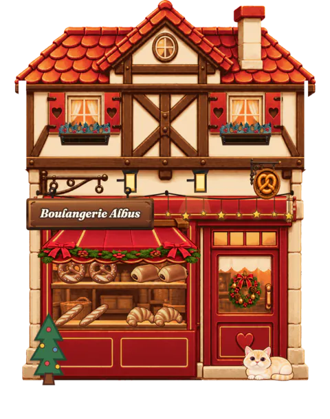 Boulangerie Albus at Christmas: a garland-trimmed awning, pine boxes, star lights over the shop window, a wreath and a little Christmas tree by the door.