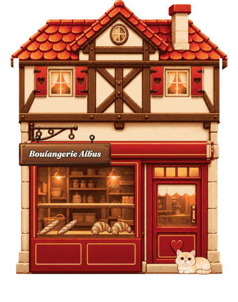 Boulangerie Albus as inherited: a half-timbered house with red shutters, a wooden sign and baguettes and croissants in the window. Albus lies on the doorstep.