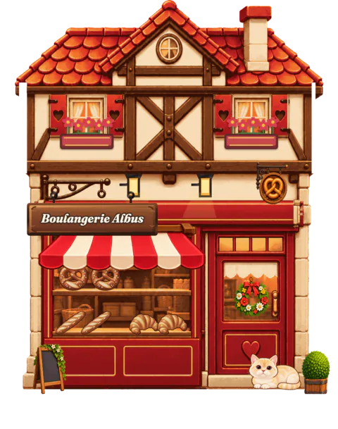 Boulangerie Albus a few weeks later: red geranium boxes, a red and white striped awning, a flower wreath on the door, lamps over the sign and a gilded pretzel emblem.